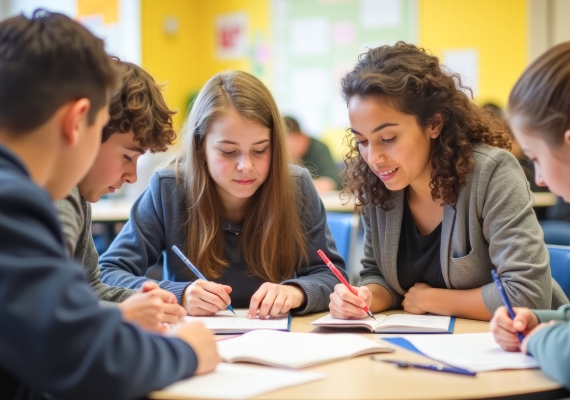 a group of children students are studying at the table discussing